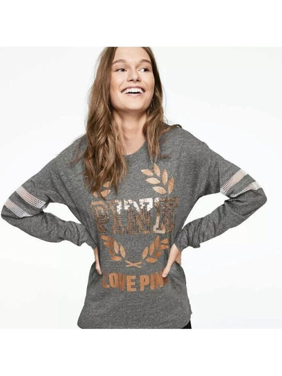 PINK Victoria's Secret Tops - Victoria's Secret Pink Bling Campus Long Sleeve Tee Heather Gray Rose Gold Small